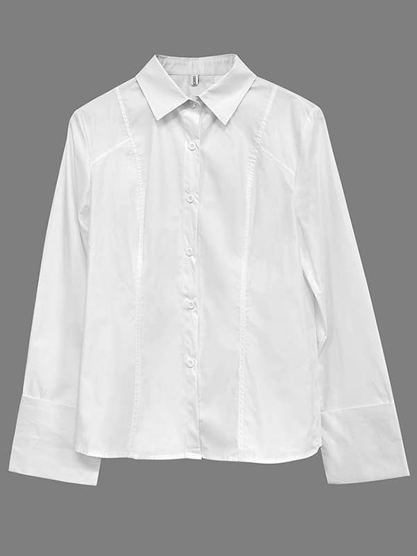 Blouses et chemises à manches longues, boutonnées, couleur unie, col à revers: BLANC / M