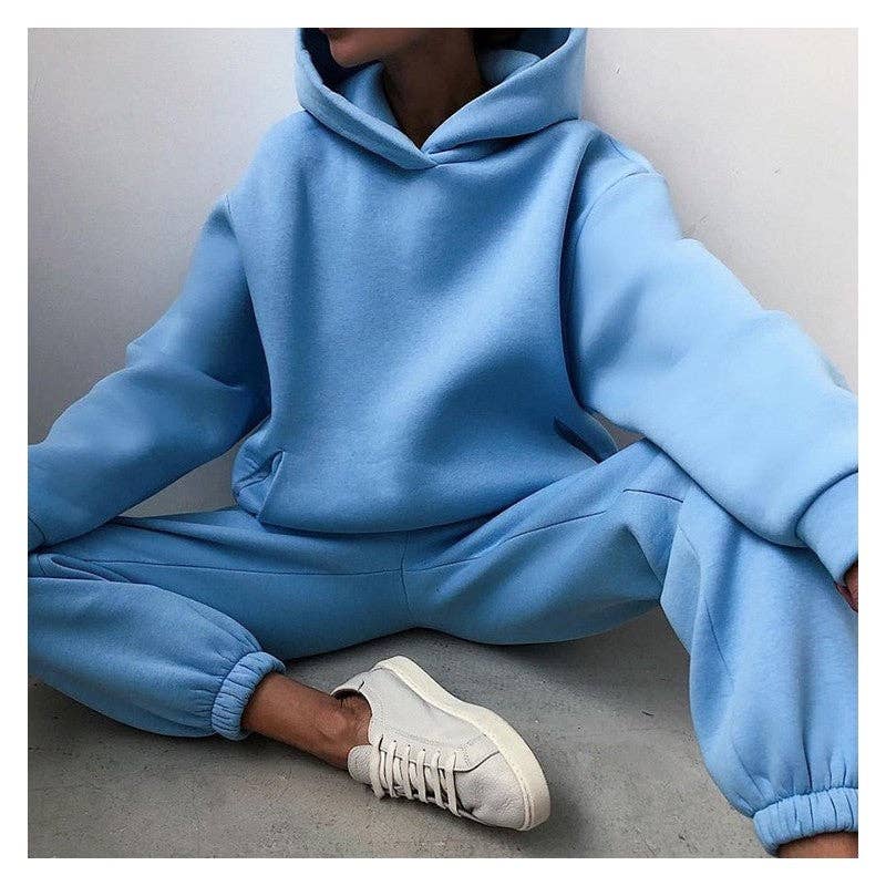 Ensemble de sweat à capuche à manches longues et pantalons longs épais de couleur unie: CAFÉ / XL