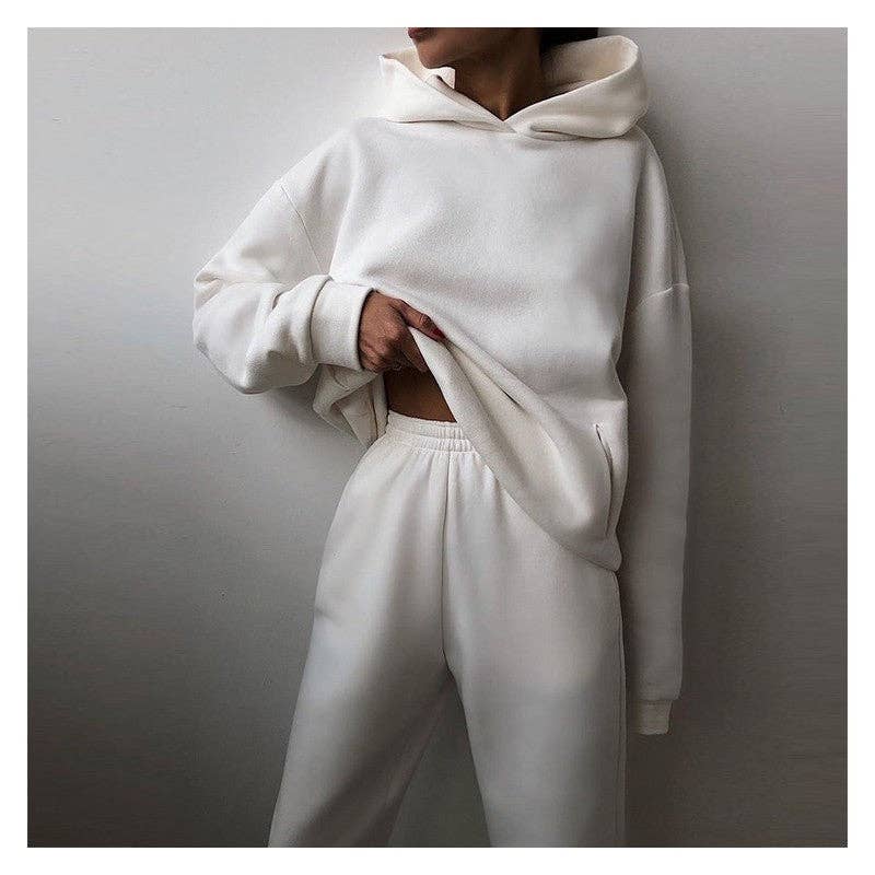 Ensemble de sweat à capuche à manches longues et pantalons longs épais de couleur unie: CAFÉ / XL