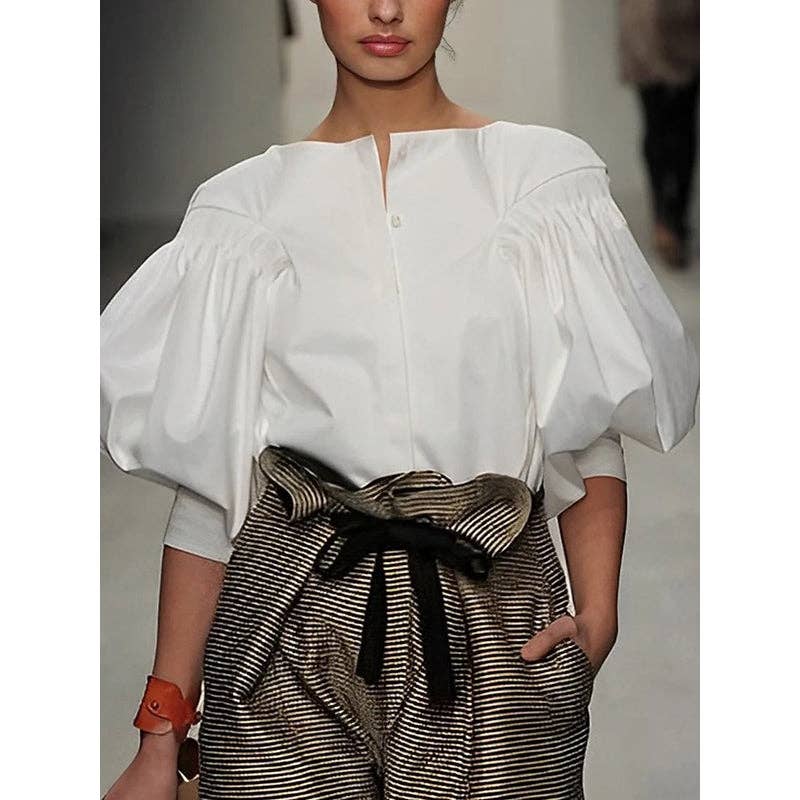 Blouses et chemises boutonnées de couleur unie à manches bouffantes: NOIR / L