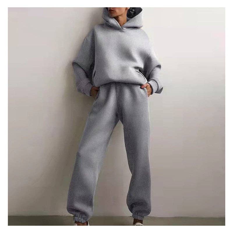 Ensemble de sweat à capuche à manches longues et pantalons longs épais de couleur unie: CAFÉ / XL