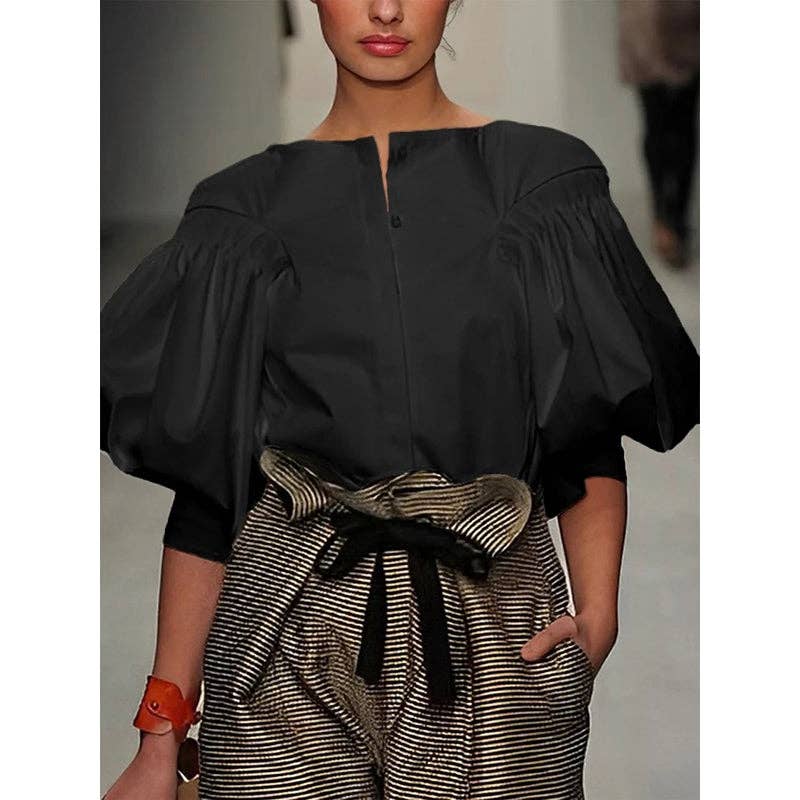 Blouses et chemises boutonnées de couleur unie à manches bouffantes: NOIR / L