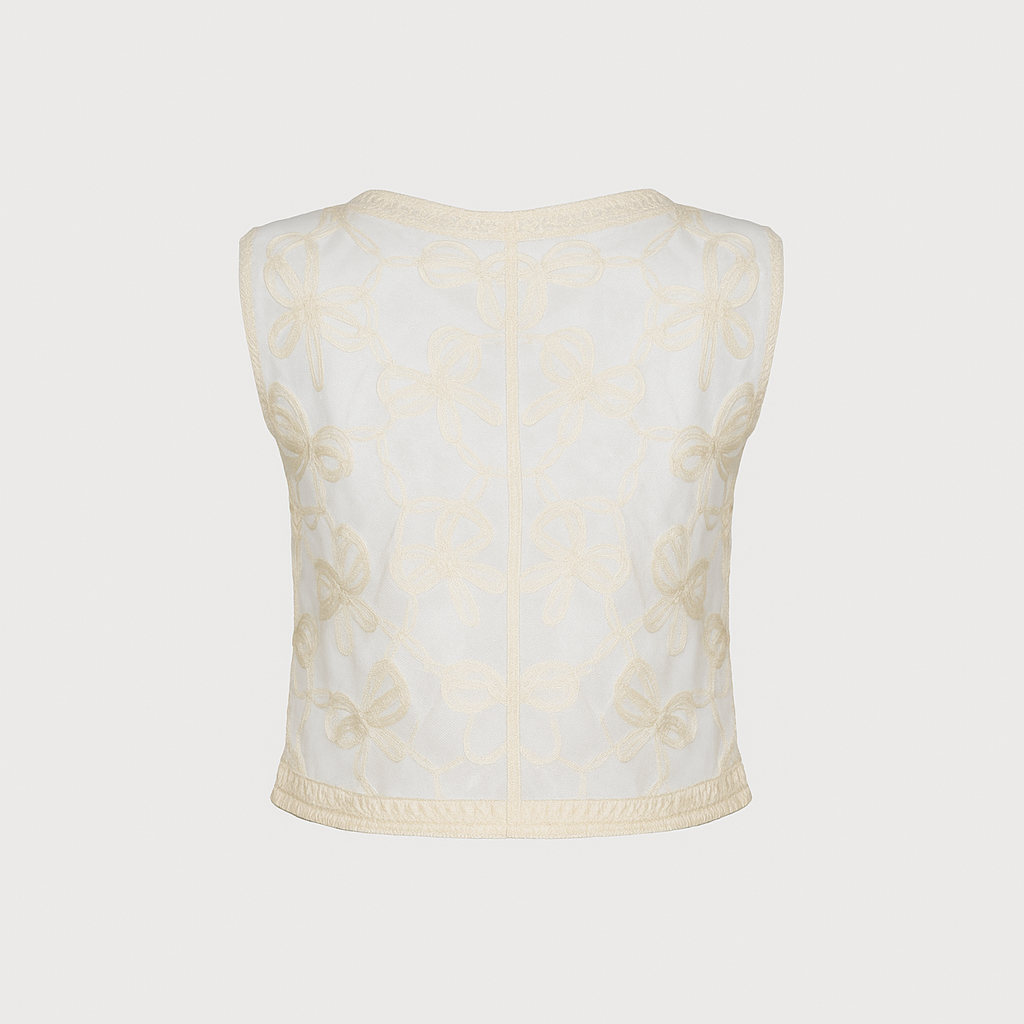Gilet Court en Crochet Écru avec Broderie Florale