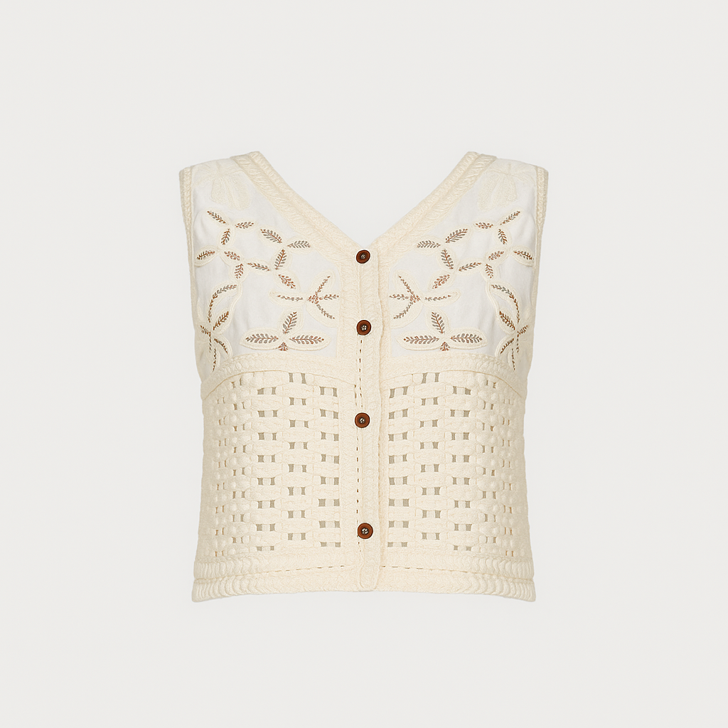 Gilet Court en Crochet Écru avec Broderie Florale