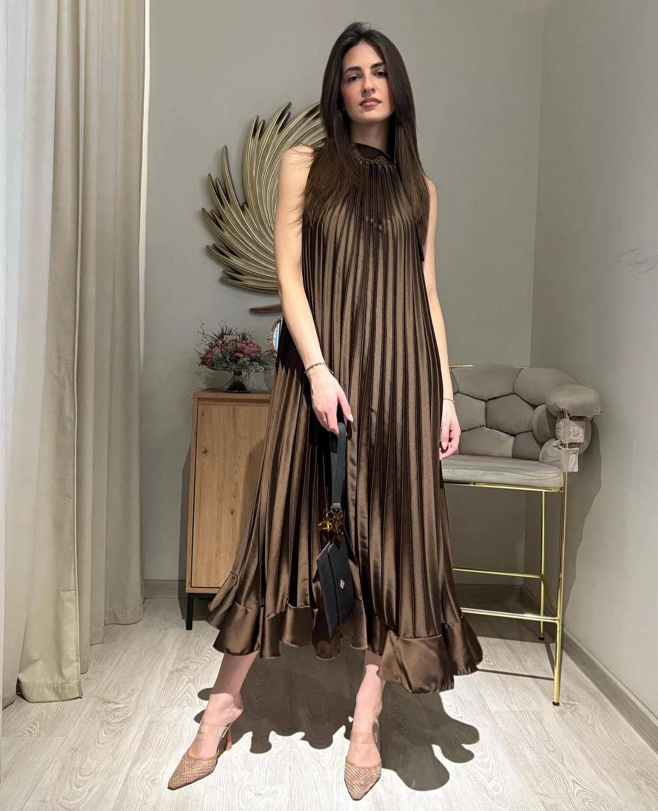 7207/61118 Robe longue plissée: Kaki / Taille unique