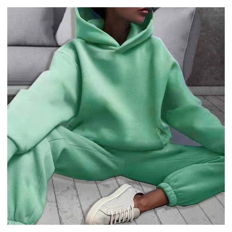 Ensemble de sweat à capuche à manches longues et pantalons longs épais de couleur unie: CAFÉ / XL