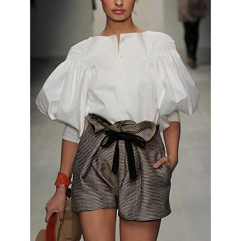 Blouses et chemises boutonnées de couleur unie à manches bouffantes: NOIR / L