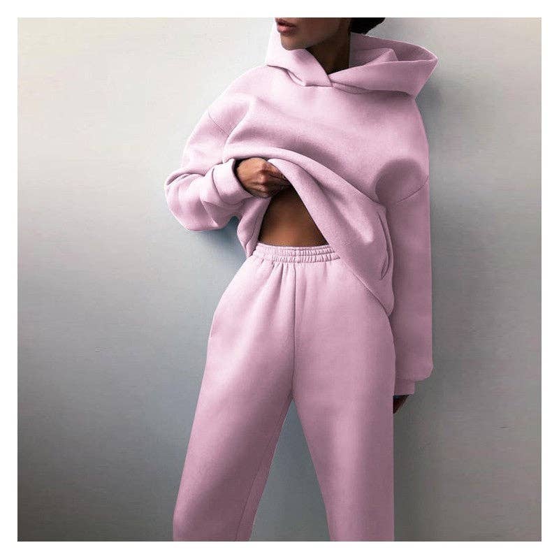 Ensemble de sweat à capuche à manches longues et pantalons longs épais de couleur unie: CAFÉ / XL