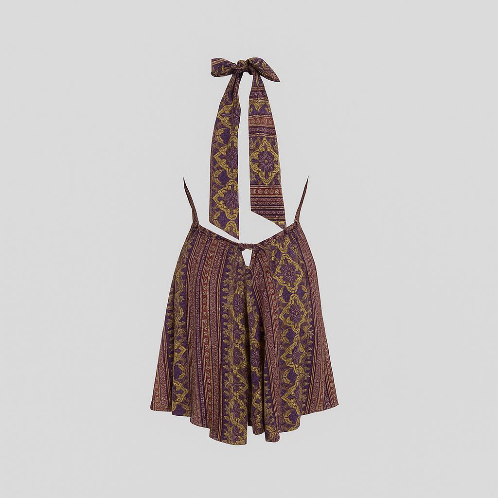 Robe Courte Bohème Dos Nu – Imprimé Floral Violet & Moutarde