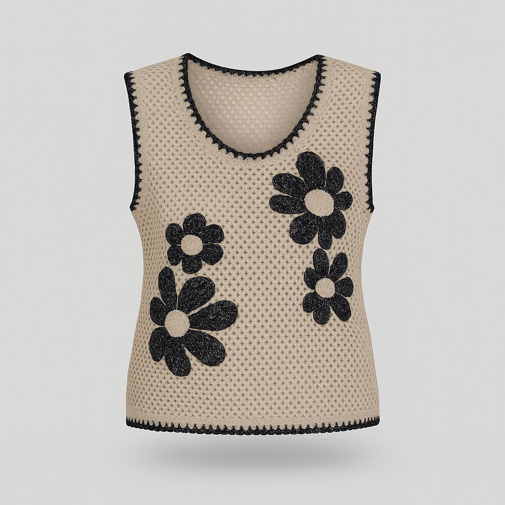 Top Sans Manches en Crochet avec Motifs Fleurs Noires