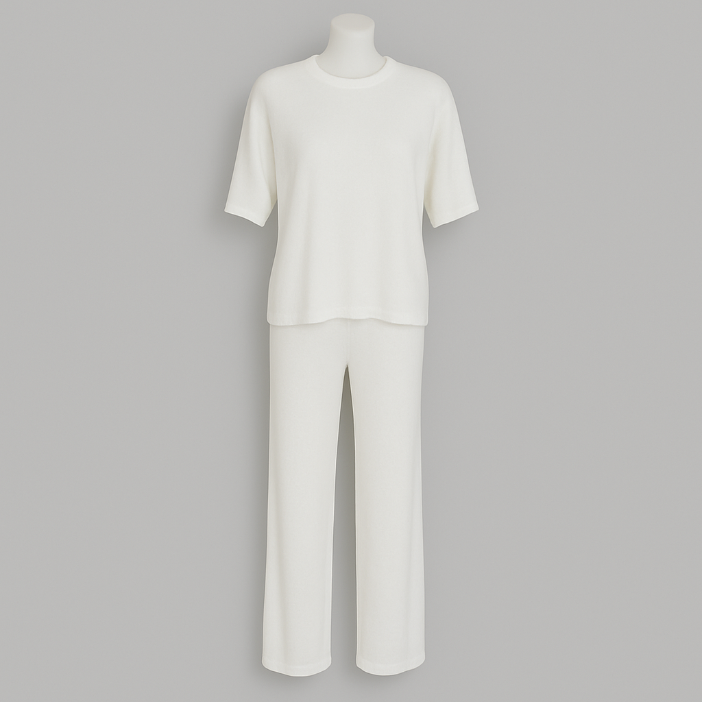 Ensemble Loungewear Femme – Haut & Pantalon Évasé Blanc Crème