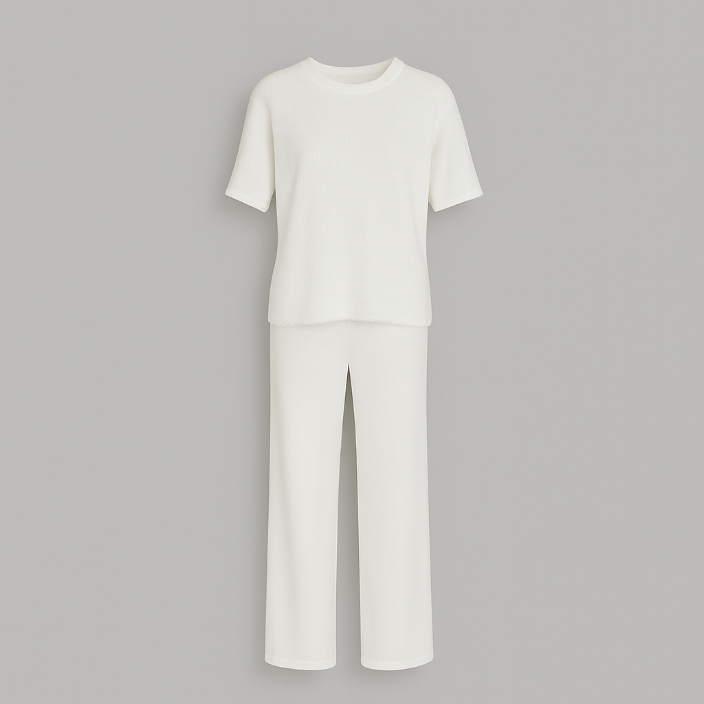 Ensemble Loungewear Femme – Haut & Pantalon Évasé Blanc Crème