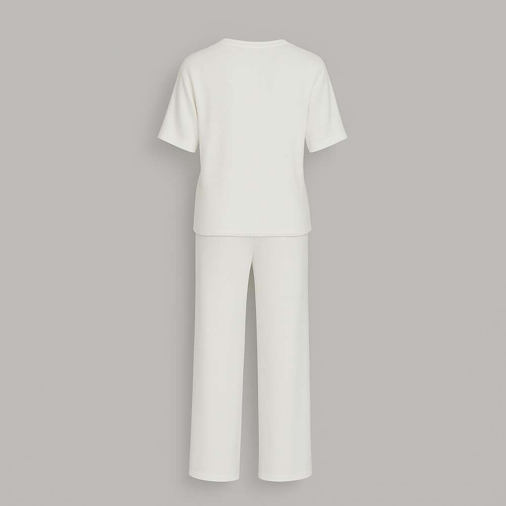 Ensemble Loungewear Femme – Haut & Pantalon Évasé Blanc Crème