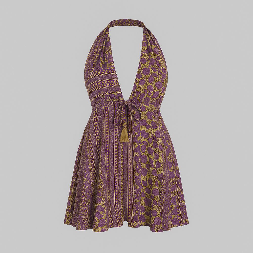 Robe Courte Bohème Dos Nu – Imprimé Floral Violet & Moutarde