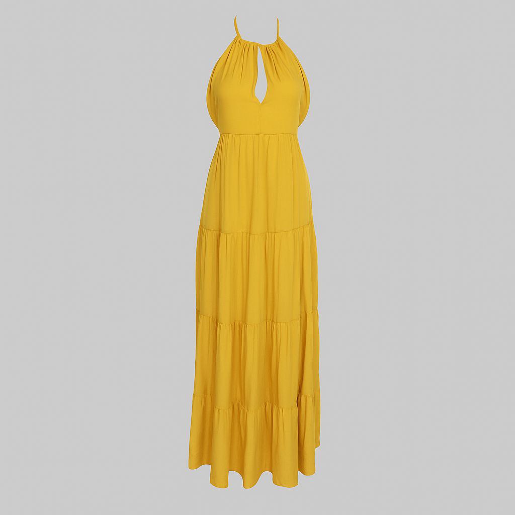 Robe Longue Évasée Dos Nu – Jaune Soleil