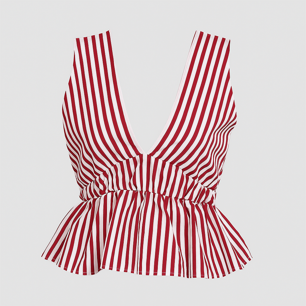 Top Rayé Rouge et Blanc à Décolleté Plongeant