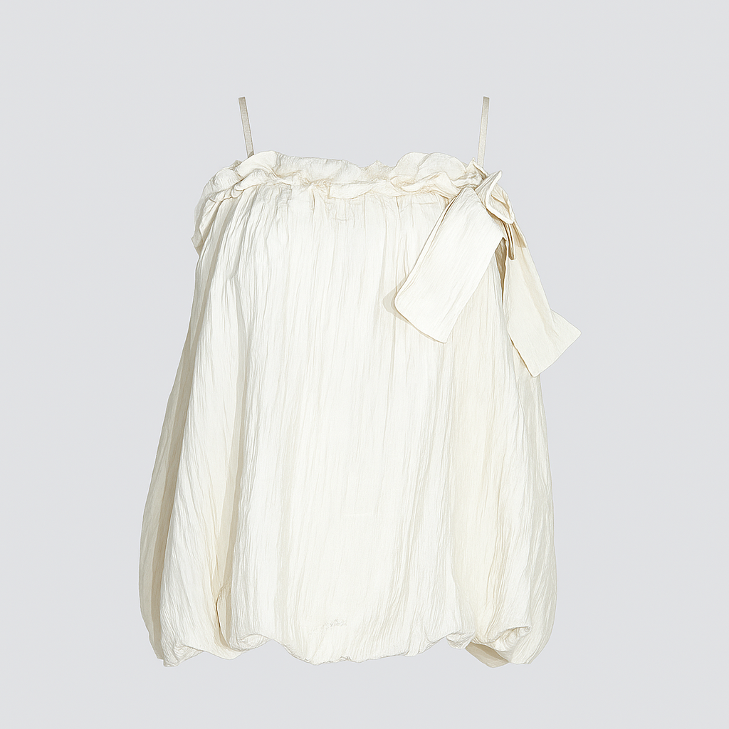 Top à Bretelles en Coton Froissé avec Nœud Décoratif – Écru