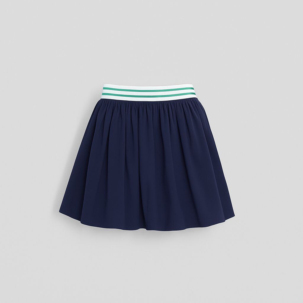 Jupe courte évasée bleue marine avec bande blanche et verte