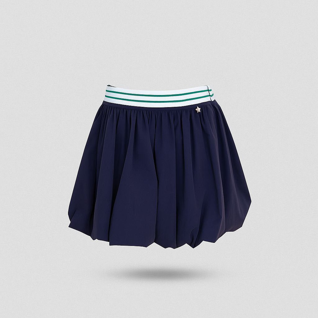 Jupe courte évasée bleue marine avec bande blanche et verte