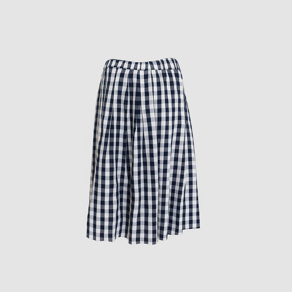 Jupe mi-longue à carreaux vichy bleu marine et blanc