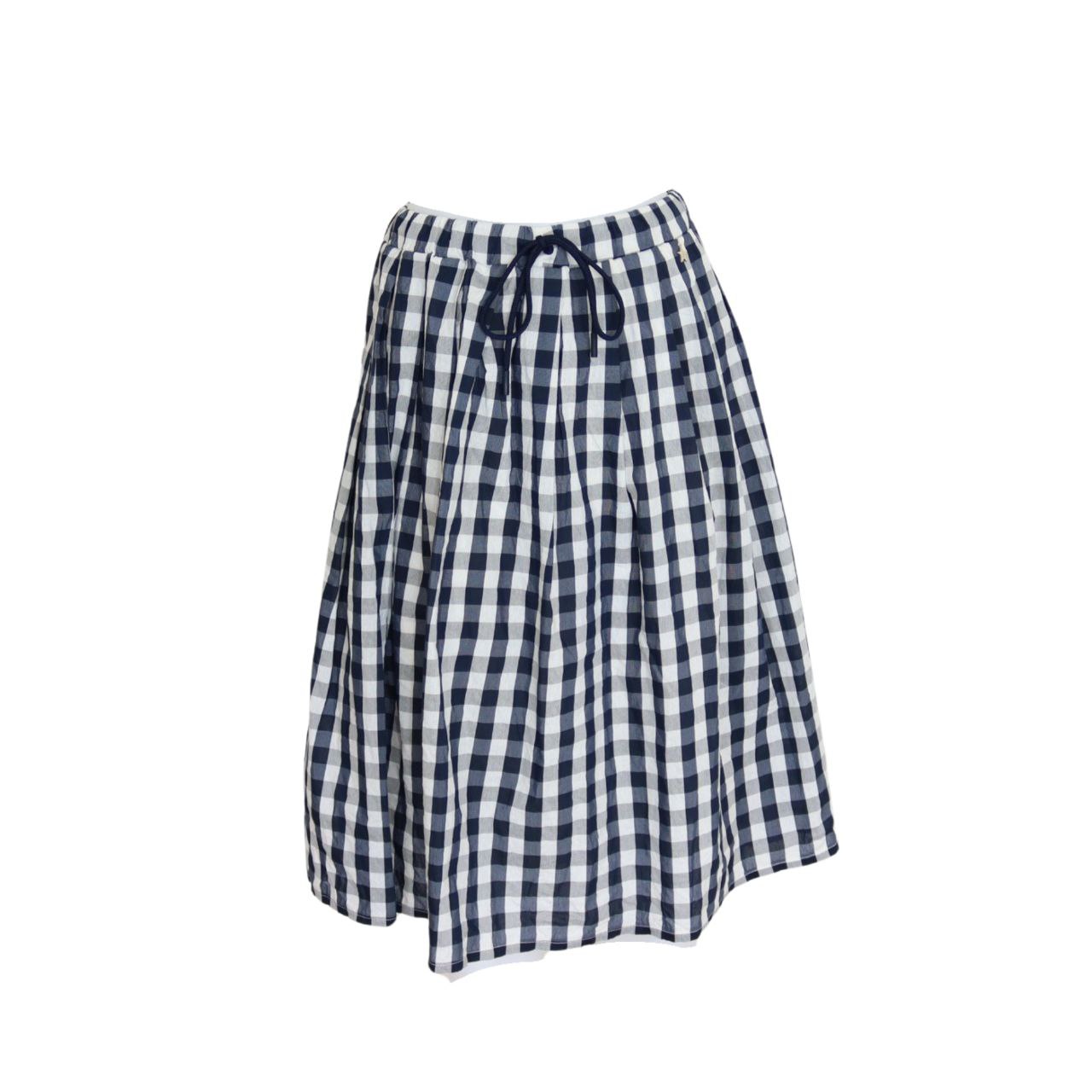 Jupe mi-longue à carreaux vichy bleu marine et blanc