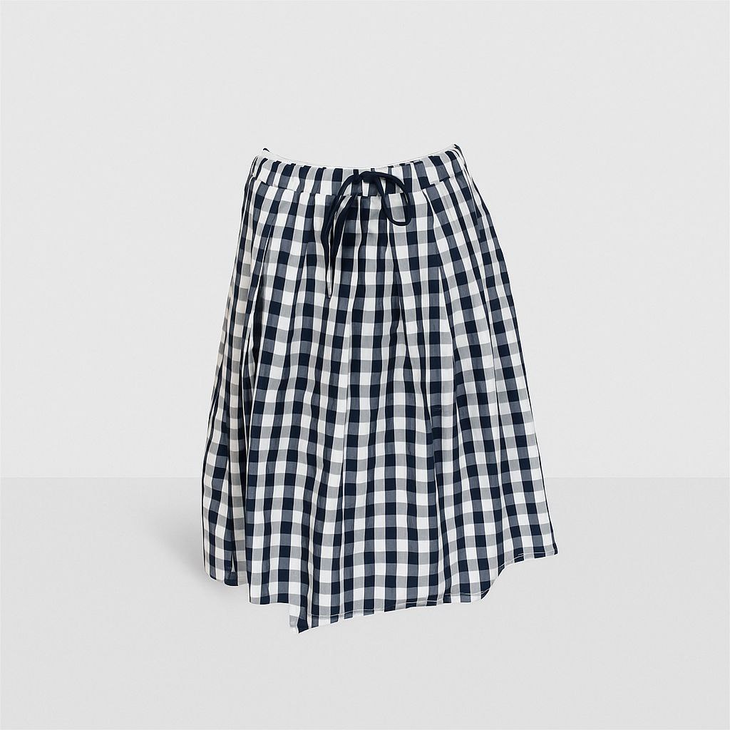 Jupe mi-longue à carreaux vichy bleu marine et blanc