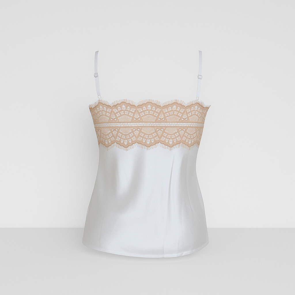 Débardeur en satin blanc à dentelle – Élégance et féminité