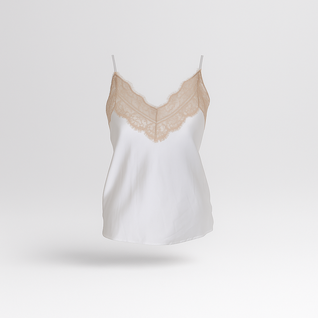 Débardeur en satin blanc à dentelle – Élégance et féminité